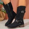 Large size round head square heel fashion boots autumn and winter new metal buckle belt medium tube but knee women's boots