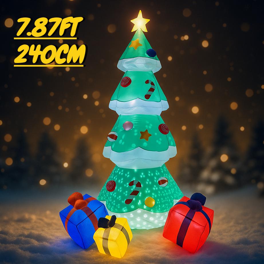 7.87FT Inflatable Toy Christmas Tree Gift Boxes Xmas Yard Decoration LED Lit Christmas Supplies Home Decor Ornament Festive Gift