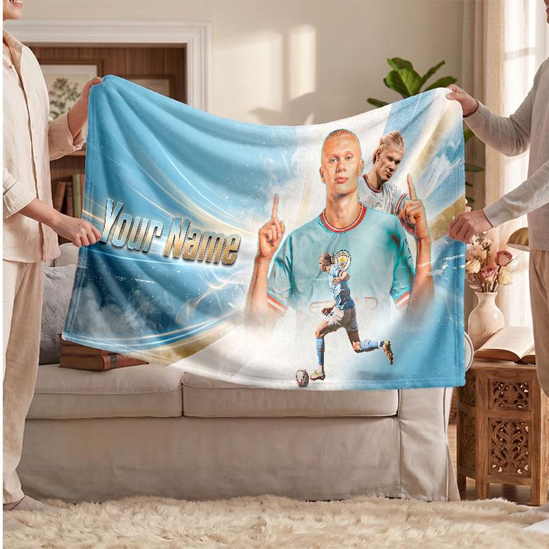 Erling Haaland Personalized Fleece Blanket With Football Logo, Custom Name Text Soft Warm Home Throw Blanket