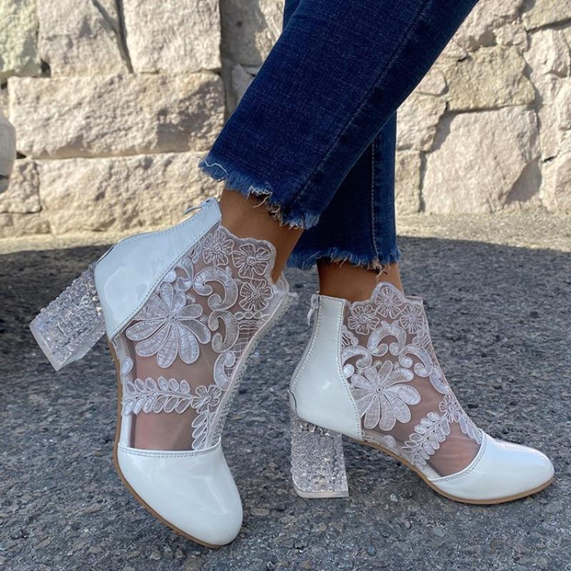 Fashion Boots Women's Mesh Floral Embroidery Clear Chunky Heel Boots Pointed Toe Platform Short Boot Mid Thick Heeled Pumps Zapatos