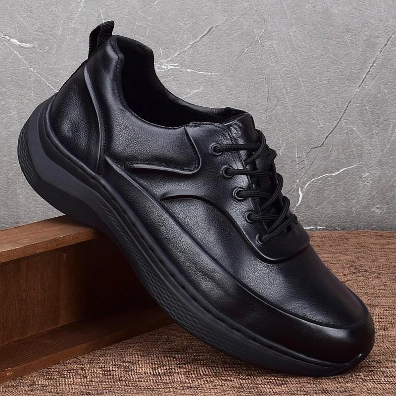 Leather breathable sports shoes men's thick sole lightweight shock absorption manual stitching casual wear-resistant first layer cowhide velvet