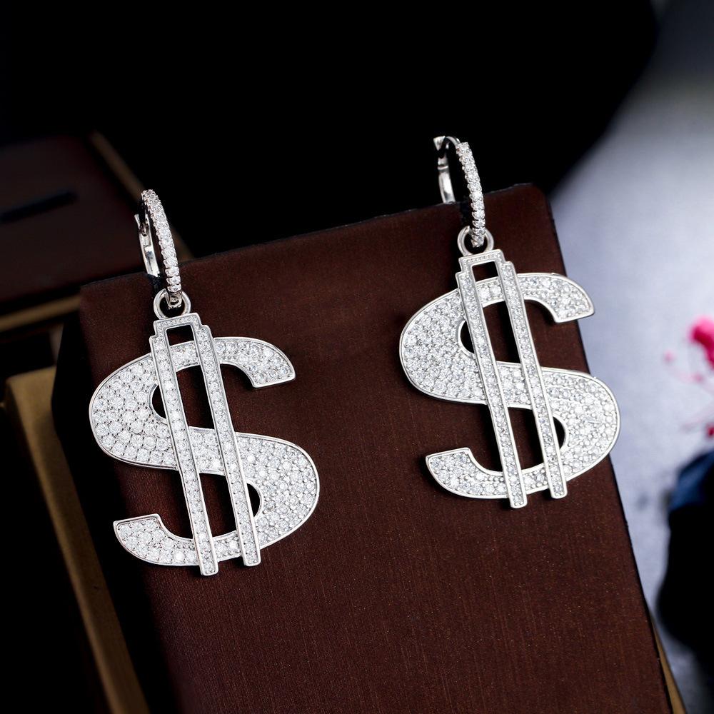 Hip Hop Street Jewelry Copper Inlaid Zircon Dollar Symbol Earrings Gold Plated Full Diamond Personality Tide Ear Jewelry