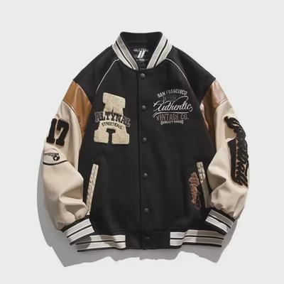 Unisex Retro American Baseball Jacket: Embroidered, Contrast Color for Spring & Autumn