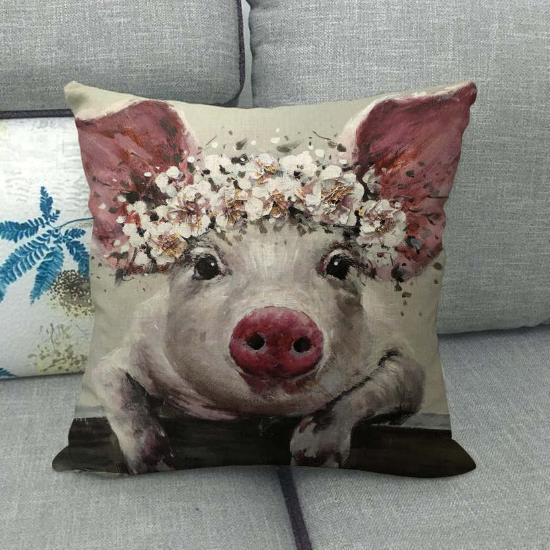 Retro Bemalte Schweine-Serie Muster Digitaldruck Kurzer Plüsch Kissenbezüge für Auto Sofa Büro Kissenbezug Heimtextilien