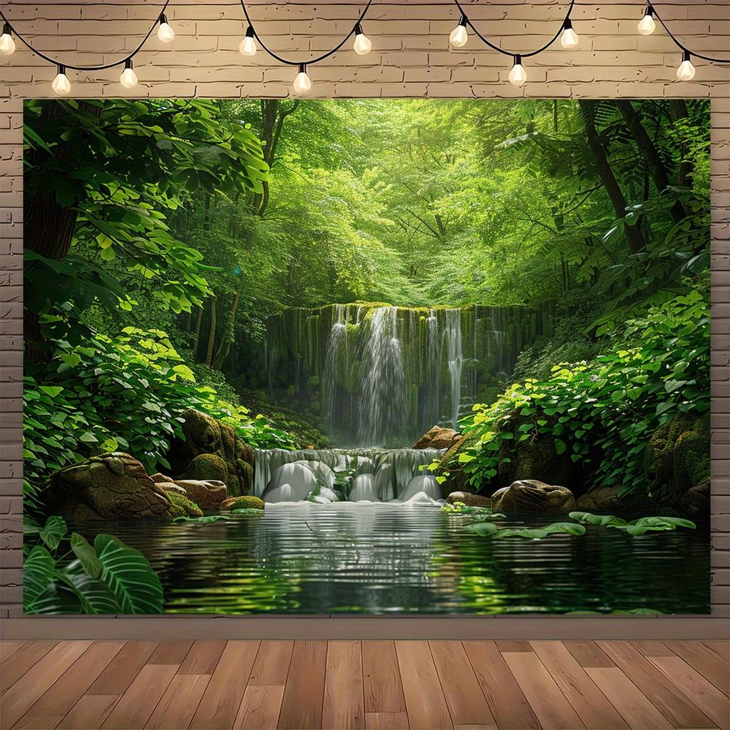 2D planar banner, 1 piece of lush green forest waterfall scenery background fabric - dreamy photography background