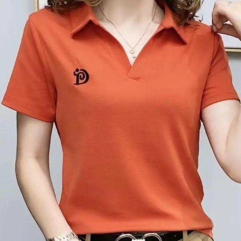 Polo T Shirt for Women Short Sleeve New Summer V-neck Letter Pullover Knitted Tees Female Clothing Plus Size Ladies Tops