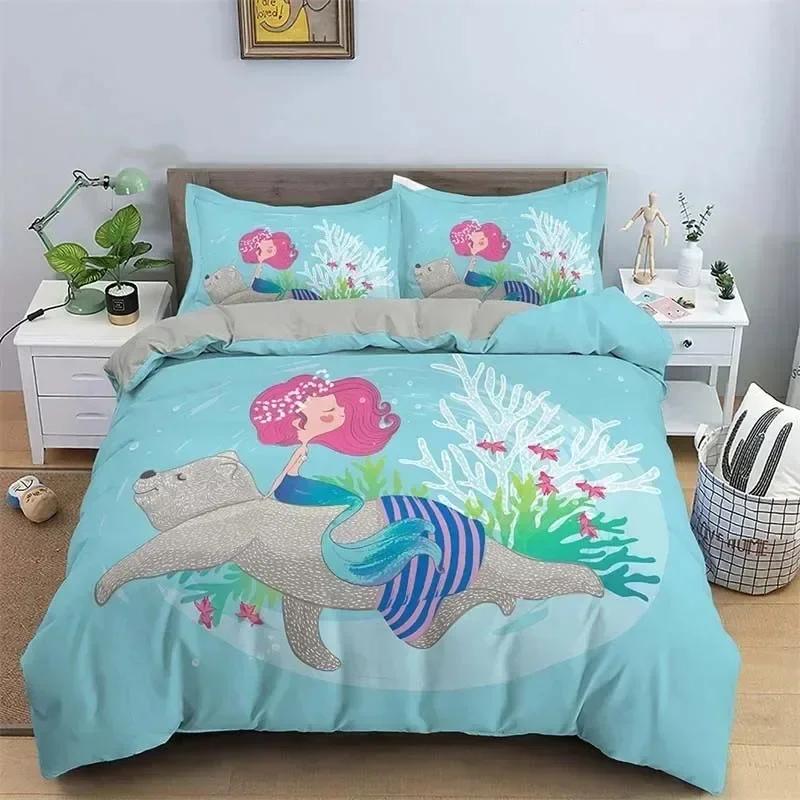 Modern Cartoon Mermaid Toddler Bedding Set Duvet Cover Sheet Printed Bed Set Pillowcase Full Queen King Size Comforter Bedroom