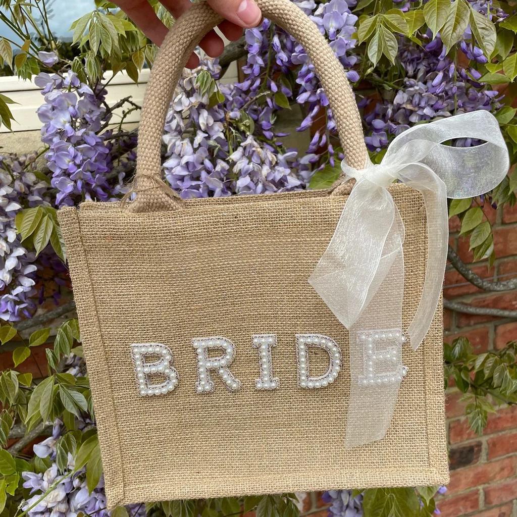 Bride , Pearl Letters, Burlap, Handbag, Bridal Wedding Decoration, Bachelor Party Supplies, Wedding Souvenir Handbag