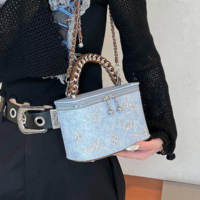 Flower Embroidered Shoulder Bag for Women Personalized Denim Cloth Chain Crossbody Bags Versatile Square Handheld Bucket Bag