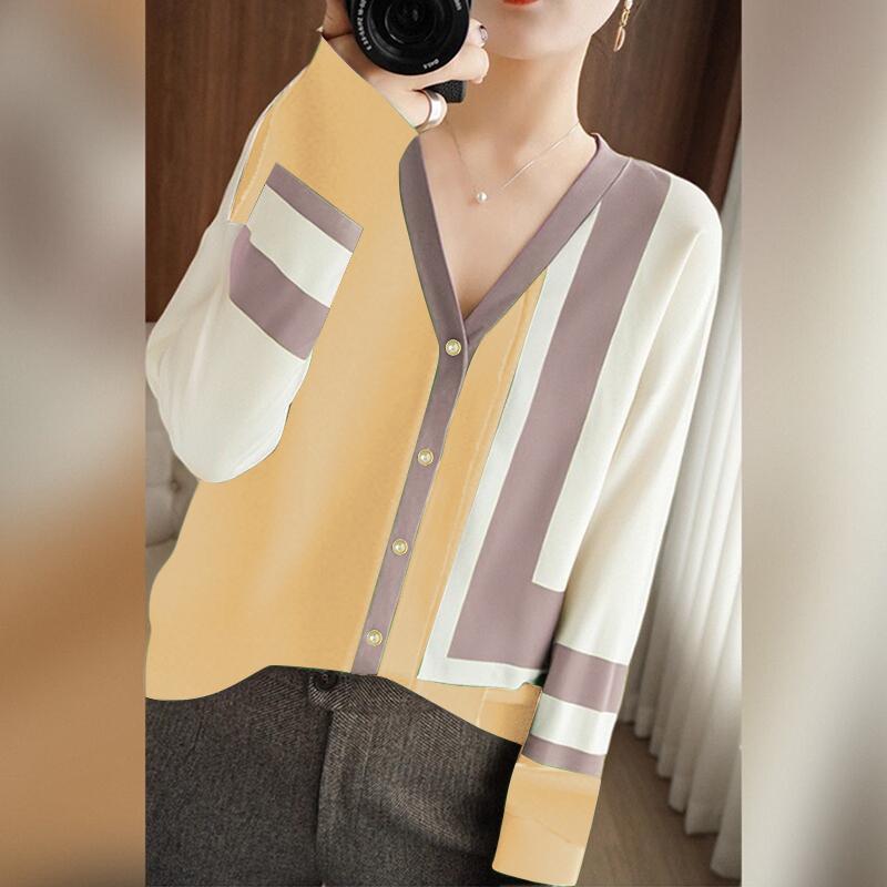 

ZANZEA Женские осенние кардиганы с V-образным вырезом и длинными рукавами в стиле колор-блок S жёлтый