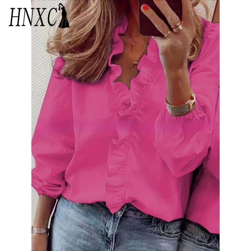 HNXC Camicette e camicie da donna con scollo a V, maniche lunghe, stampa tinta unita casual alla moda