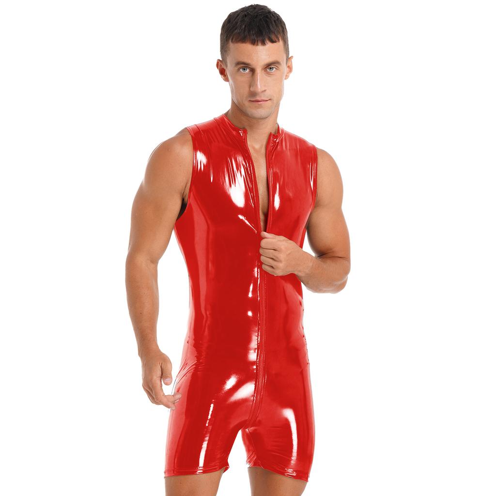 Mens Sleeveless Patent Leather Jumpsuit Wet Look Zipper Bodysuit Pole Dance Clubwear