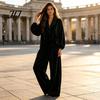 Autumn Winter Home Wear Women Velvet Top Pants Set for Fall Winter, Casual Lapel Collar Lounging Apparel & Wide Leg Trousers with Pockets, Loose