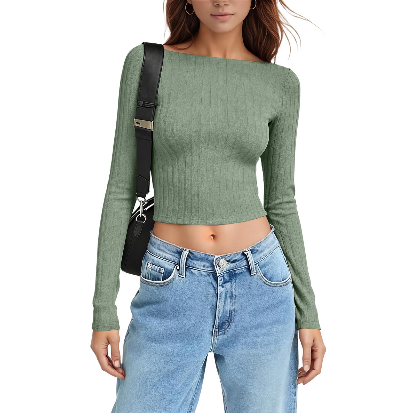 Women s Minimalist Long-Sleeve Fitted Top With Ribbed Collar S