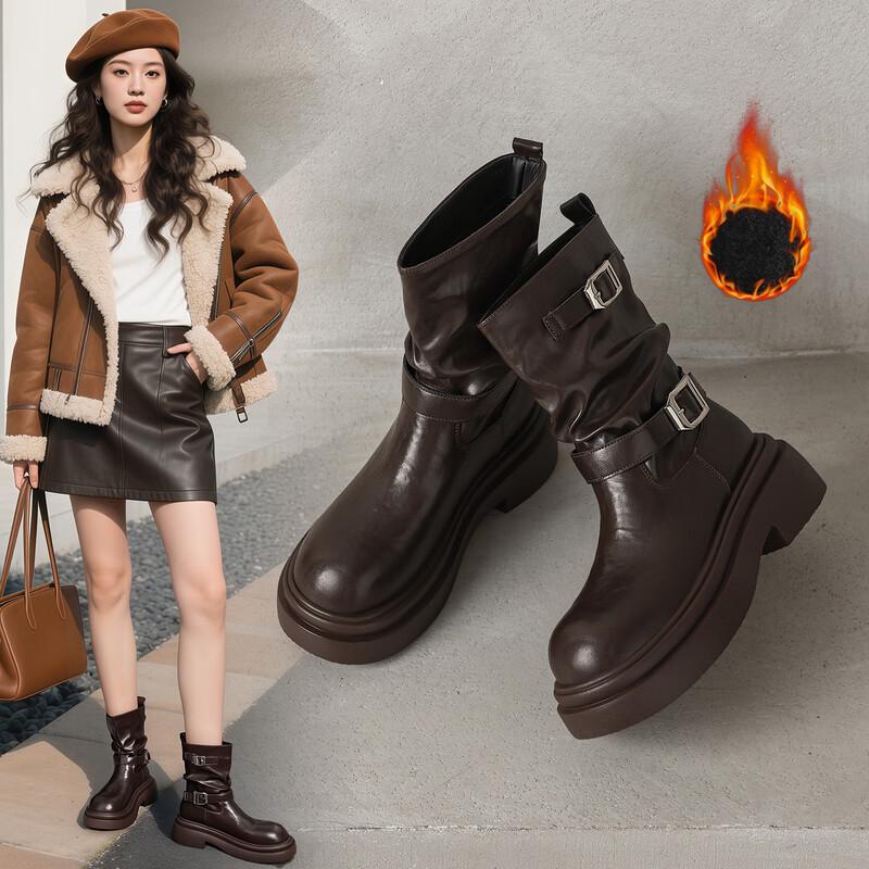 ZHR Women s Vintage Belt Buckle Chunky Heel Mid-Calf Boots 35