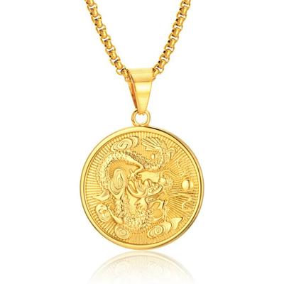 Punk  Ethnic Zodiac Chinese Dragon Pendant Male Gold Color Round Amulet Necklace for Men Cool Jewelry Birthday Gift