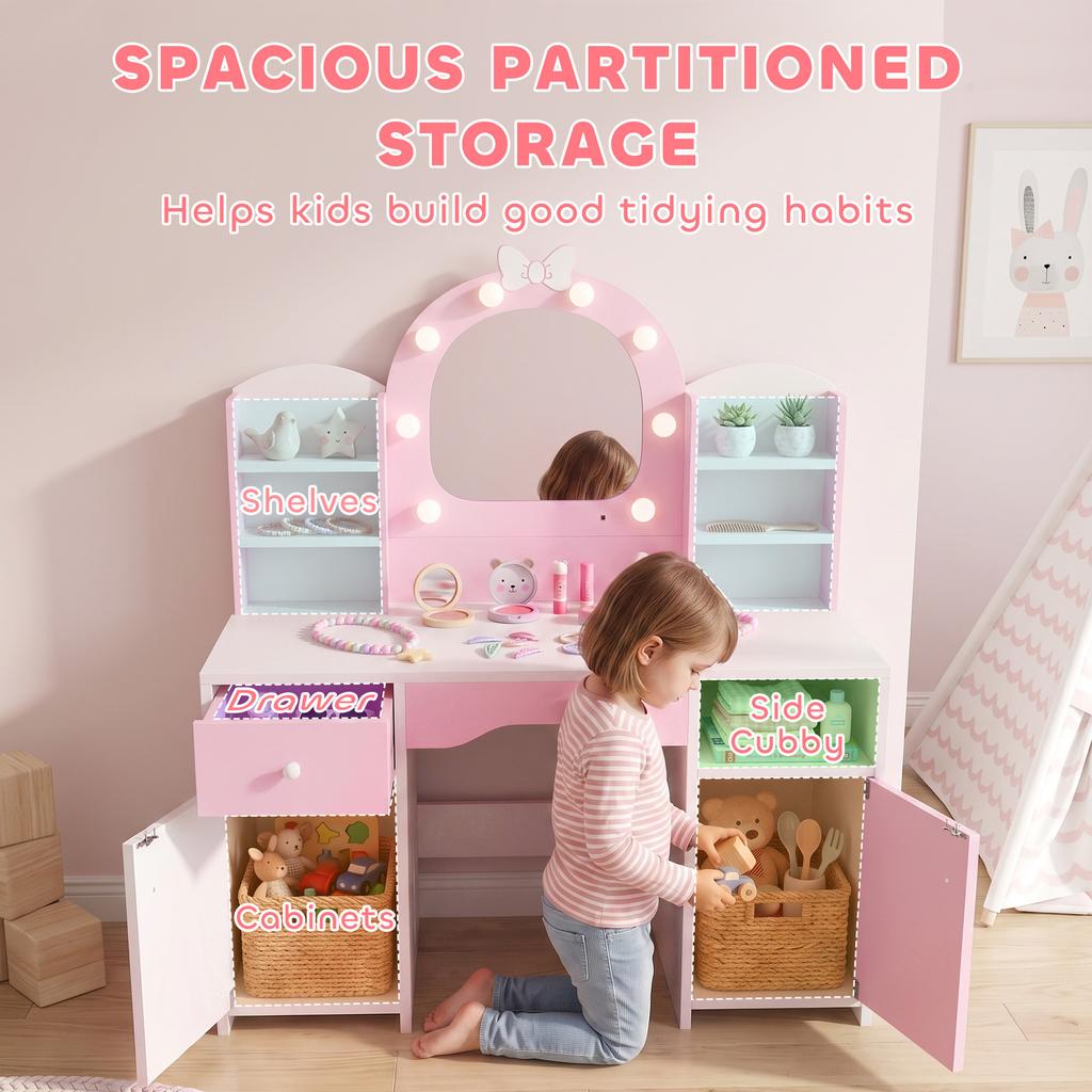 Kids Dressing Table, Kids Vanity Set with Stool, Pink