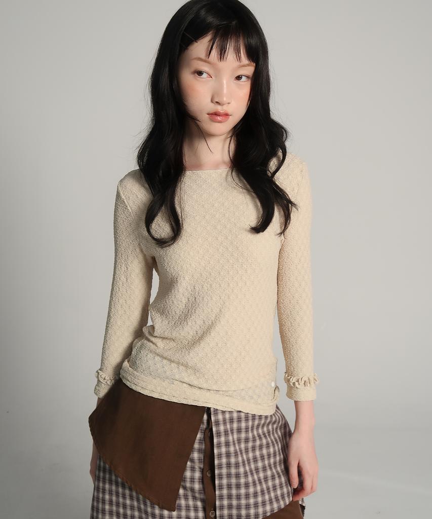 SOME PLACE Wrinkle Frill Point Boat Neck Semi-Slim 3/4 Long Sleeve T-Shirt_3 Colors