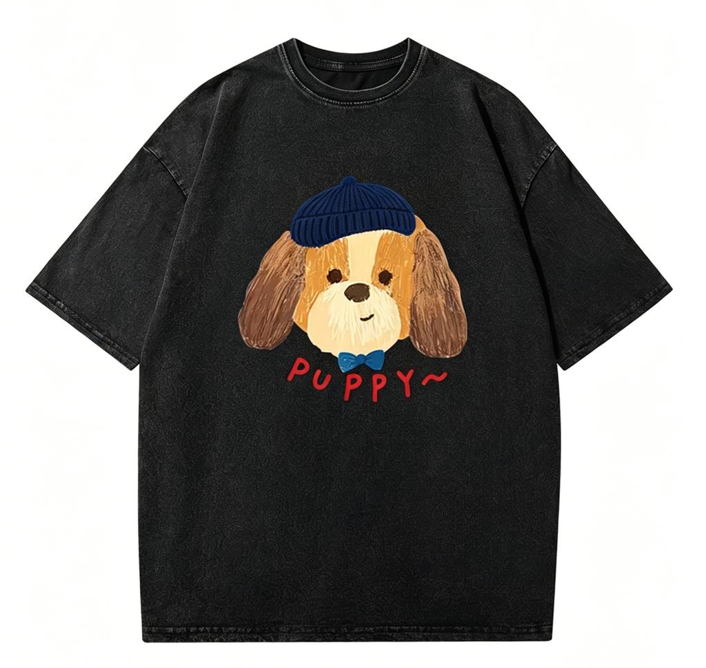 Cute Dog with Beret TShirt Washed Cotton Kawaii Puppy Graphic Tee Funny Animal Print Top Soft Casual Shirt for Pet Lovers