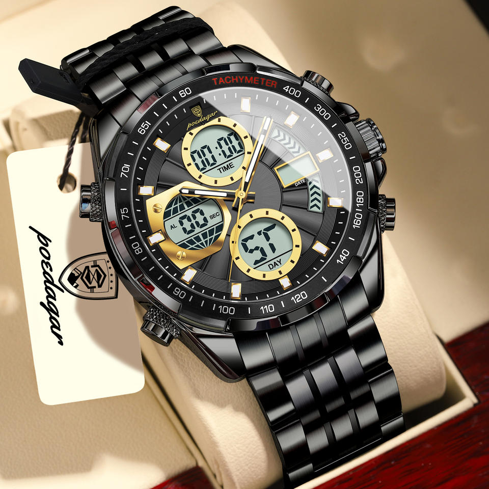 POEDAGAR Clock Waterproof Electronic LED Luxury Watches Dual Time Display Digital Stainless Steel Men Quartz Watch