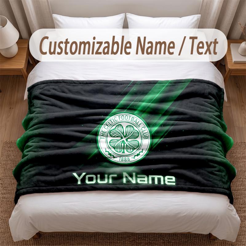 Celtic FC Printed Flannel Blanket Custom Name Text Soft Warm Throw For Bedroom Holiday Gift