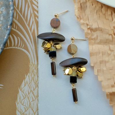 Silver Needle Round Wood Black Gallstone Tassel Earrings Earrings Ethnic Style Retro Temperament Earrings Women