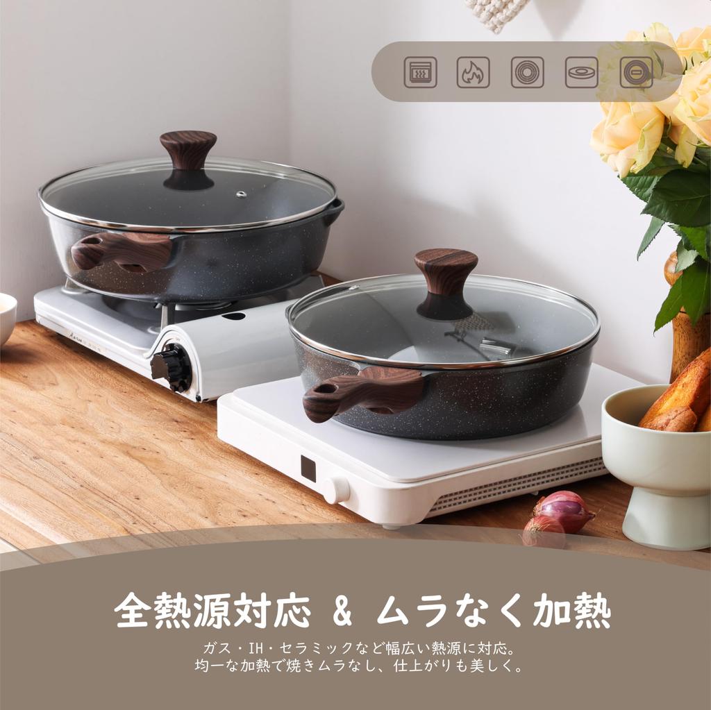 SENSARTE Deep Frying with Marble Easy to Chinese High Heat 1 Year Grey Pan, 28cm, Lid, Coat, IH/Gas Compatible, Stir-Fry Pan, Non-stick, Clean, Wok,