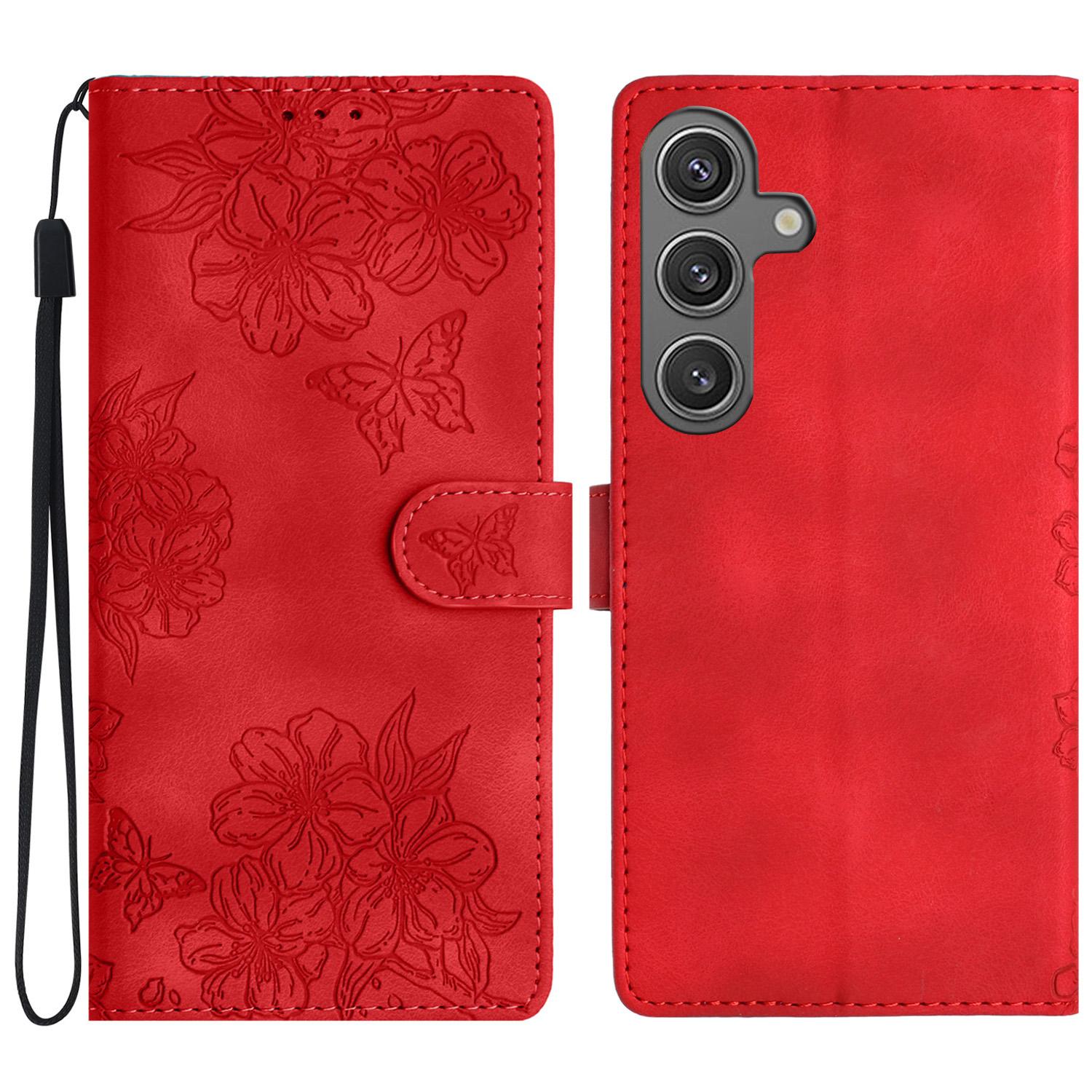 

For Samsung Galaxy A36 5G Case Butterfly Flower Pattern Skin-Touch Leather Phone Cover Red