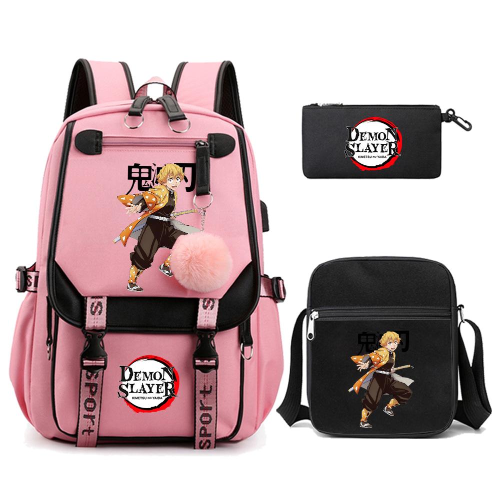 3Pcs/set Cartoon Demon Slayer Printed Backpack with Shoulder Bag for Teenager Student Girl Boy Bookbag Large Capacity Travel Bag