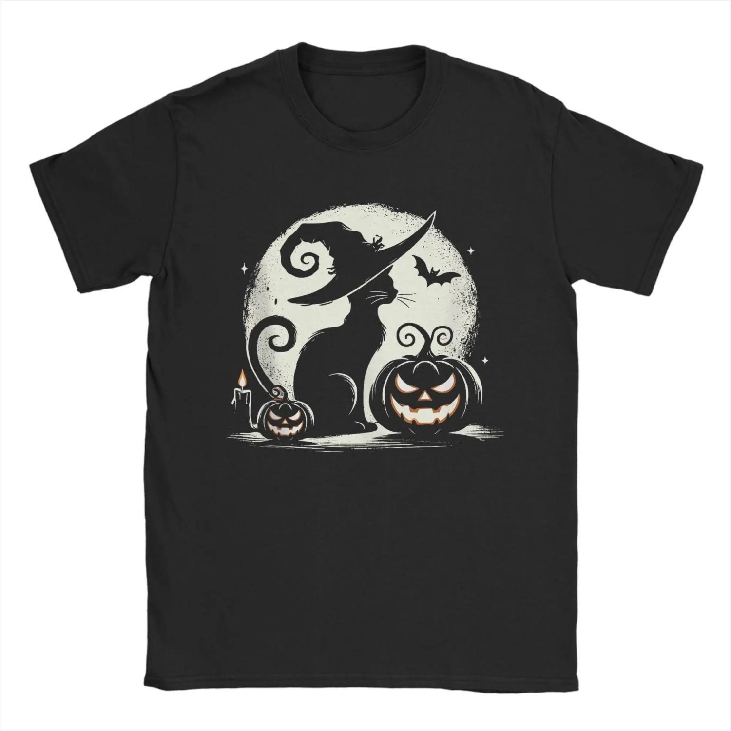 

Black Cat Halloween Cat Lovers T-Shirts for Vintage Pure Cotton Tees Round Neck Short Sleeve T Shirts Plus Size Tops S чёрный