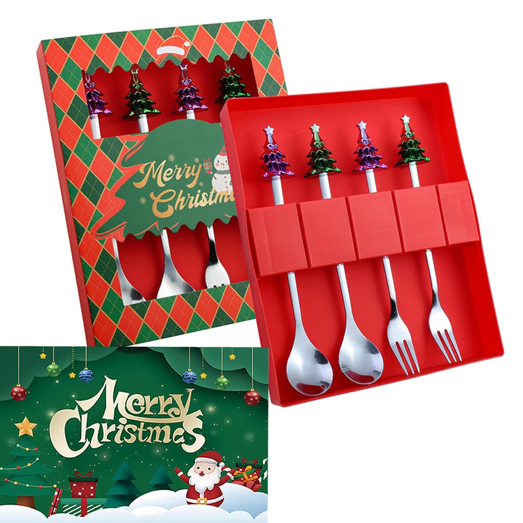 Set Regalo Cucchiaini da Caffè Forchette di Natale in Scatola con 1 Biglietto di Natale, Cucchiaino da Caffè Natalizio Forchette da Cena Cucchiaino da Dessert Stoviglie Regalo