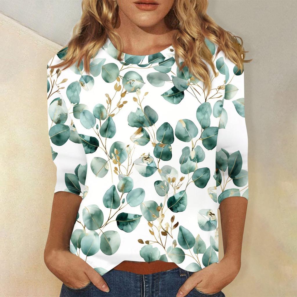 Modisches, lässiges Pullover-Oberteil mit Dreiviertelärmeln und bedrucktem Kragen für Damen