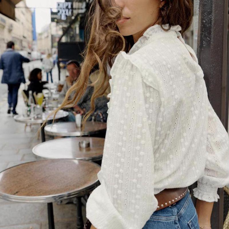 Spring New Women clothes Hollow Embroidery French style Romantic Style Stand Collar White Short sleeve Shirts 4387234
