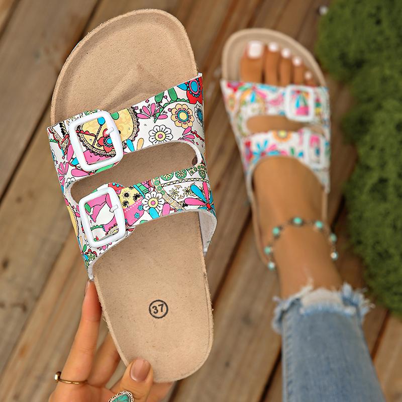 Fashion Leisure Print Buckle Decor Flat Slippers Women 2025 Summer Thick Sole Platform Sandals Plus Size Comfort Light Non Slip Flats