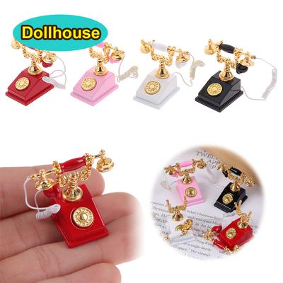 1:12 Vintage Phone Dollhouse Miniature Old Fashioned Phone Home Wired Telephone Furniture For Doll House Accessories