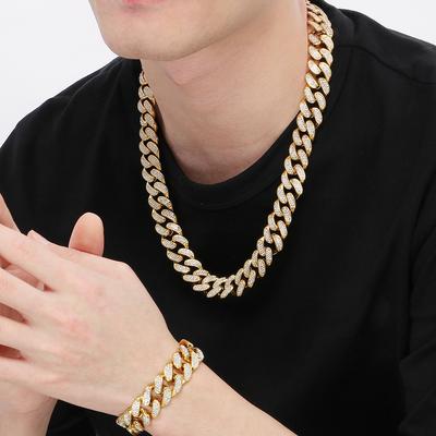 Hip-Hop Heavy Cuban Link Chain Set Man Bracelet Necklace Luxury Gold Color Stainless Steel & Full CZ Men's Necklace & Bracelets Sets