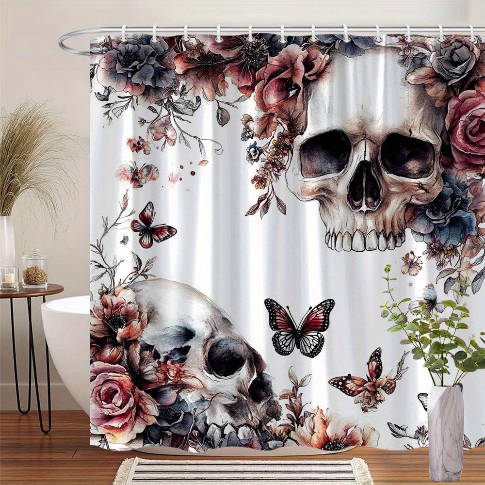 

Gothic Fantasy Floral Skull Shower Curtain - Vibrant Roses & Butterflies, Durable Polyester, Ideal For Bathroom Decor W60H190(CM)-1 Pcs