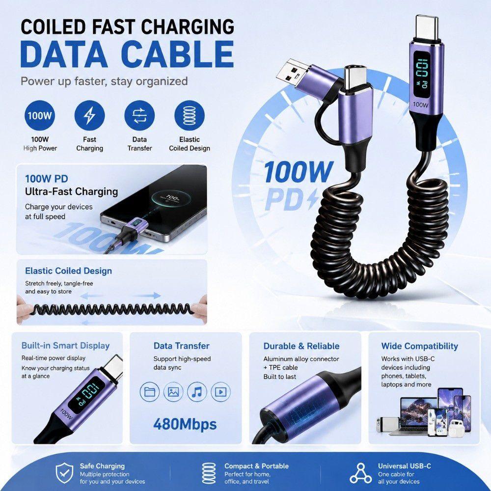 Data Transfer Digital Display Cord 100W Fast Charging Charging Line Laptop Charging