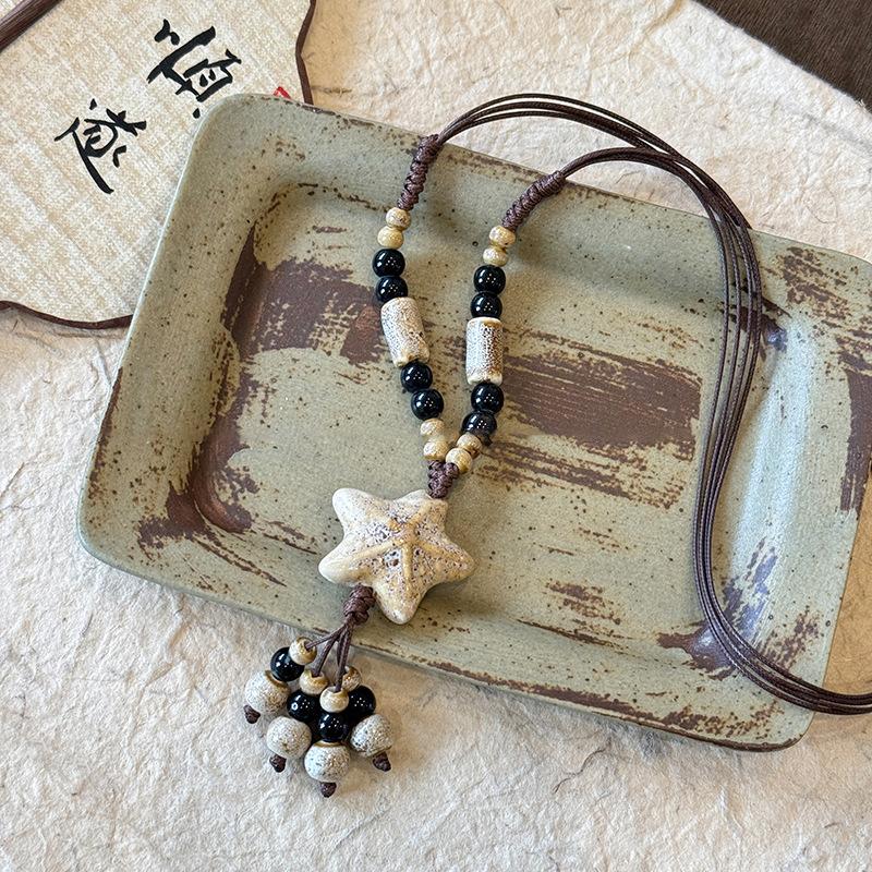 Wax rope ceramic star beaded pendant necklace fashionable small fresh collarbone chain versatile temperament niche jewelry