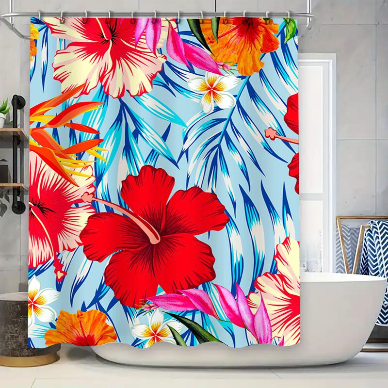 

Bright Tropical Flower Shower Curtain Set Decorate Your Bathroom with this Vibrant Floral Print (Red/Orange Color) Waterproof Fa 90x180cm