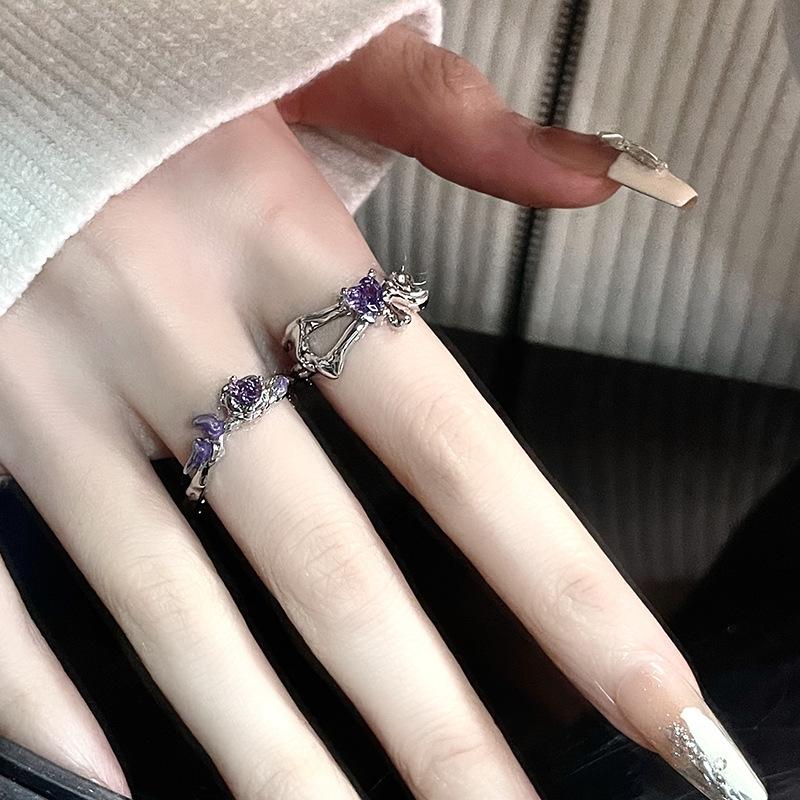Niche Design Sense Cold Wind Personality Purple Rose Ring Opening Diamond Zircon High Sense Ring Woman