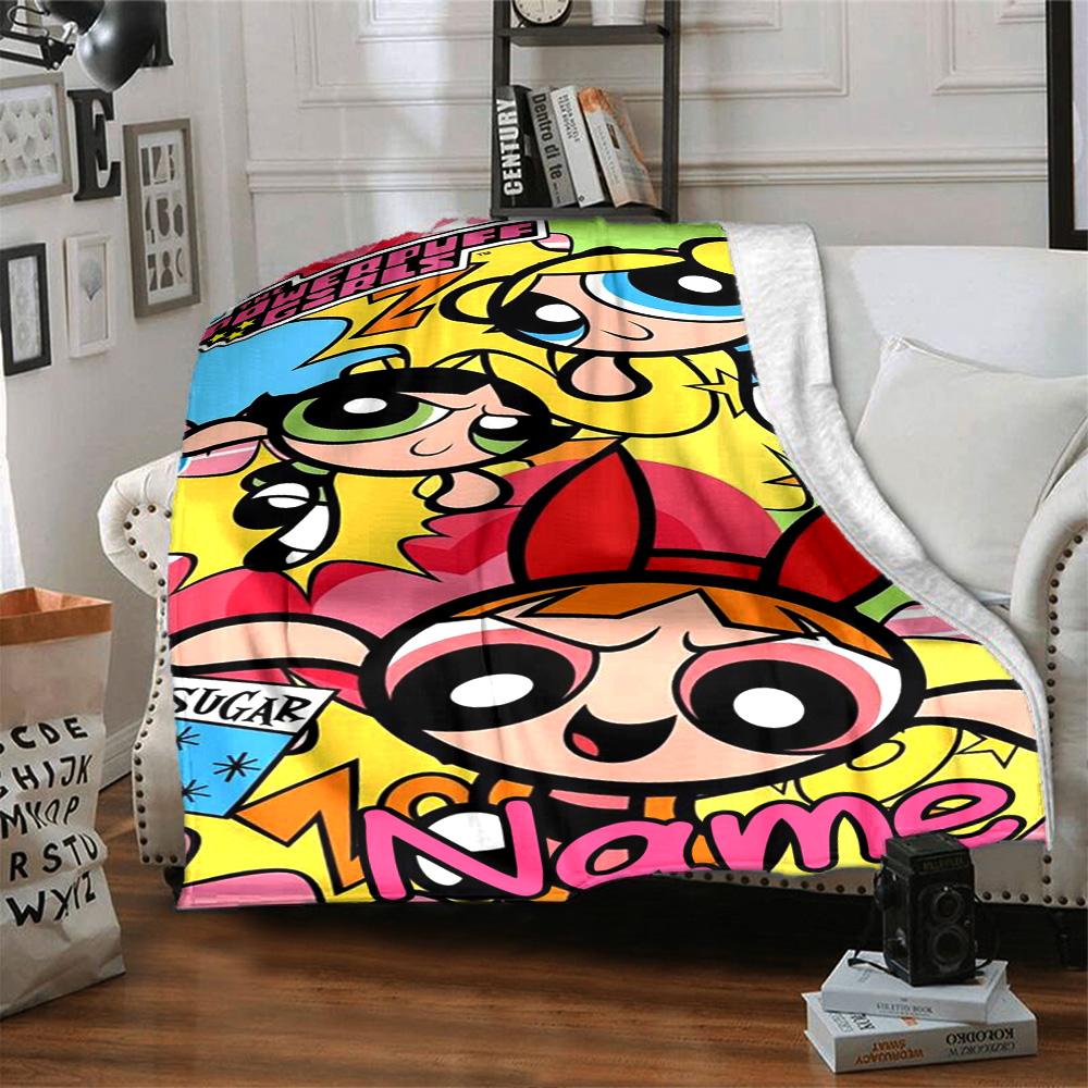 Custom Name Powerpuff Girls Adventure Flannel Blanket for Super Soft Cute Comfort Blanket for Travel Bedding Couch Sofa Blanket