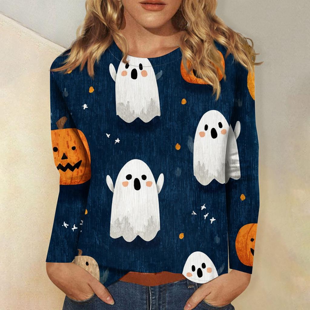 Women's long-sleeved loose-necked Halloween print casual top , suitable for holiday parties