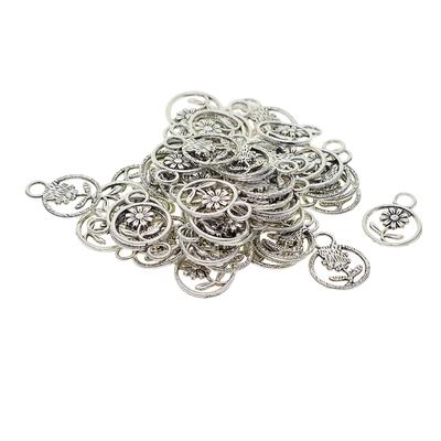 50 Pieces Tibetan Silver Filigree  Daisy Flower Leaf Round Charms DIY Making