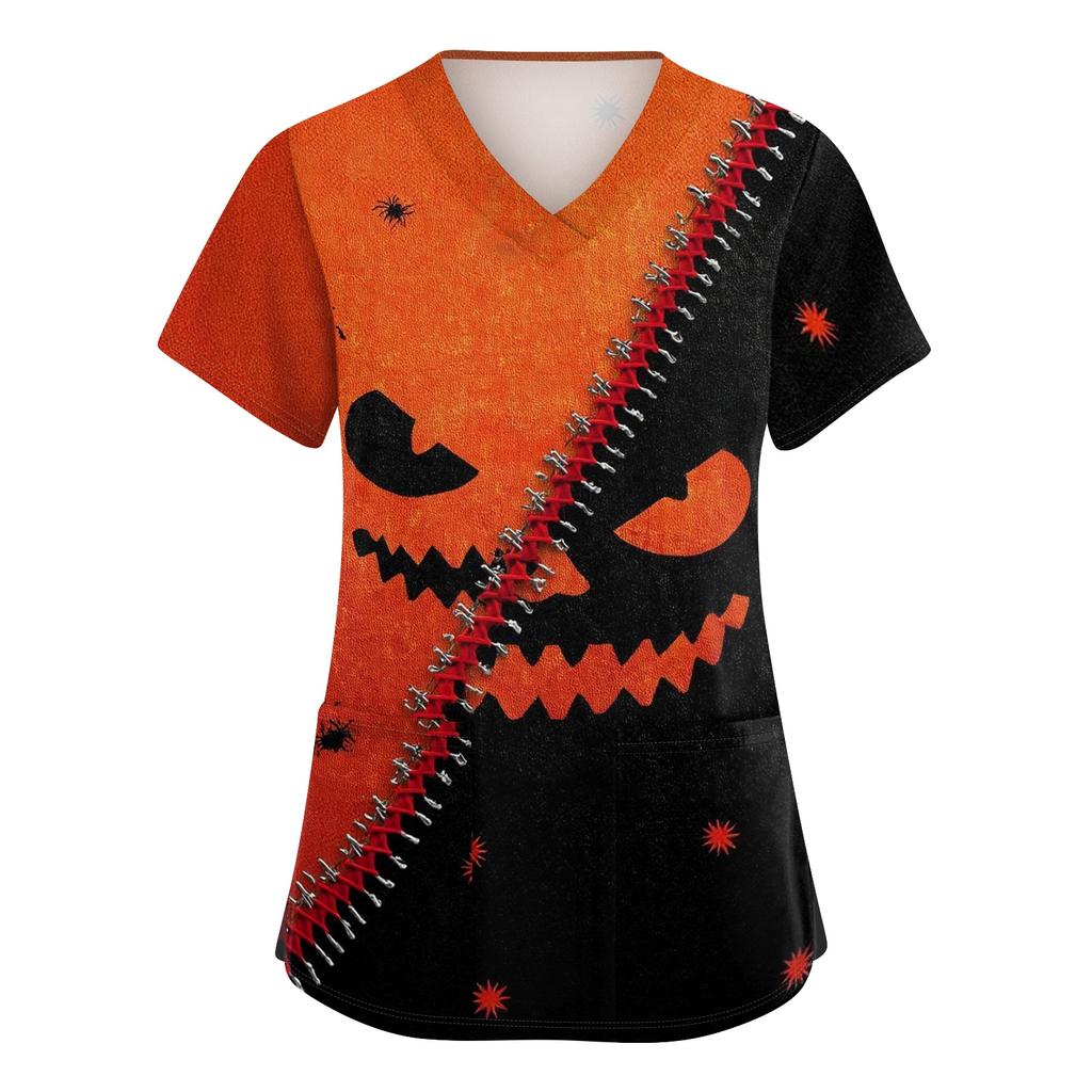 Womens V Neck Short Sleeve Work Top Halloween Print Side Slit Tunic Shirt with Pockets Casual Loose Fit Blouse for Daily Wear