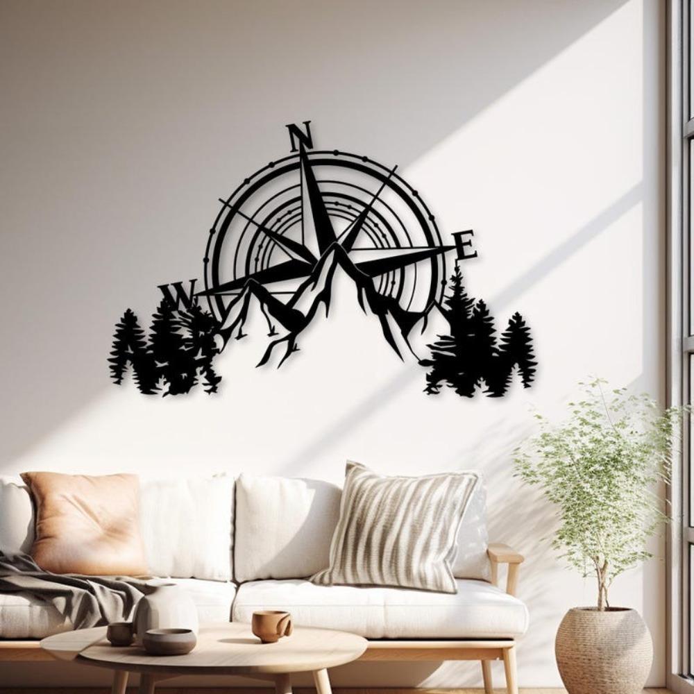 Metal Compass Wall Art, Mountain Scene, Farmhouse Decor, Rustic Compass Metal Sign, Outdoor Garden Ornament