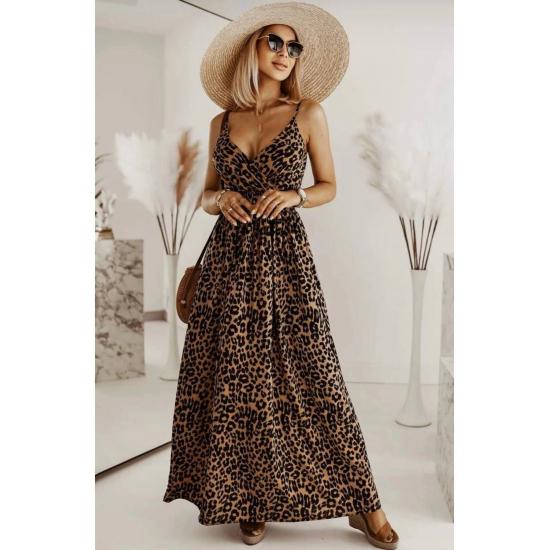 Damska sukienka maxi z lycrą i wzorem w cętki, z elastyczną talią i podwójnymi piersiami