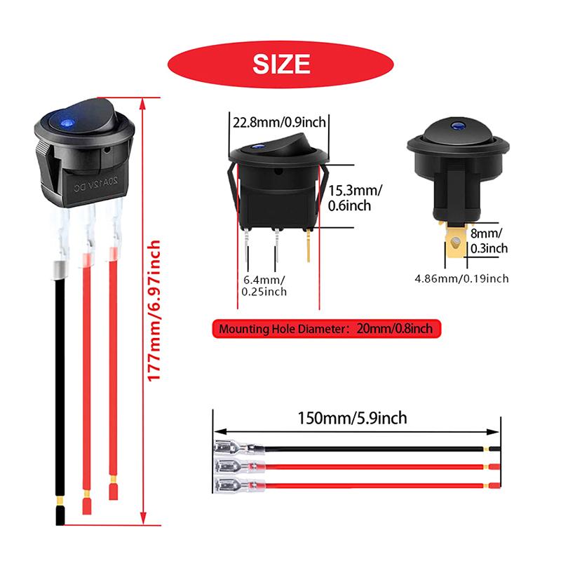 12V/20A LED Light Boat Switch Round Cat-eye Car Modified Switch PlugSpring With Wire