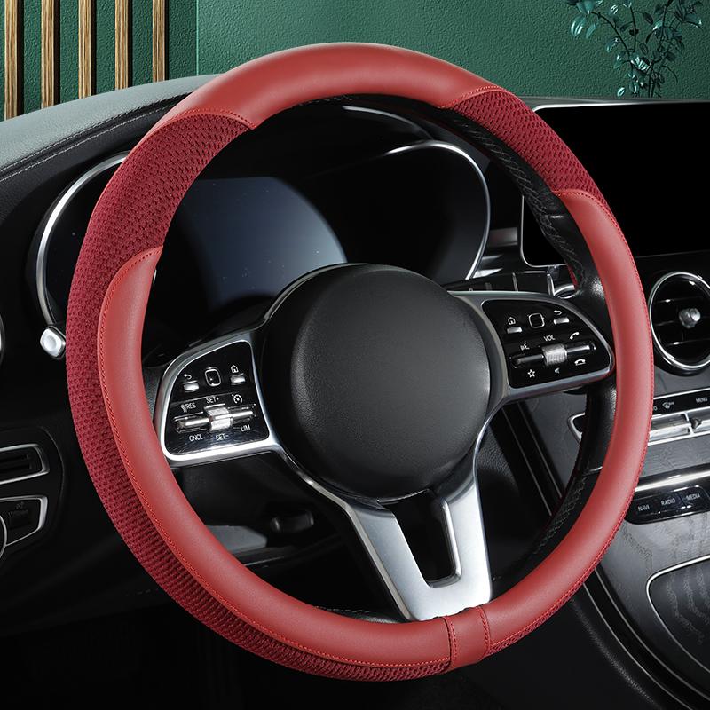 Car Steering Wheel Cover Premium Leather Stitched with Breathable Mesh Fabric FIt for 14.5-15 Inch All Seasons Universal