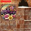2d Flat 20*20cm Purple Vintage Truck Filled with Flowers, Circular Wooden Sign, Garden, Kitchen, Office, Bedroom Decoration, Wooden Material